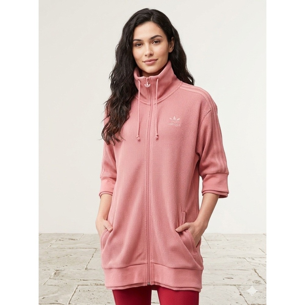 Adidas Waffle Knit Track Jacket Women Small Pink Athleisure Sporty Streetwear